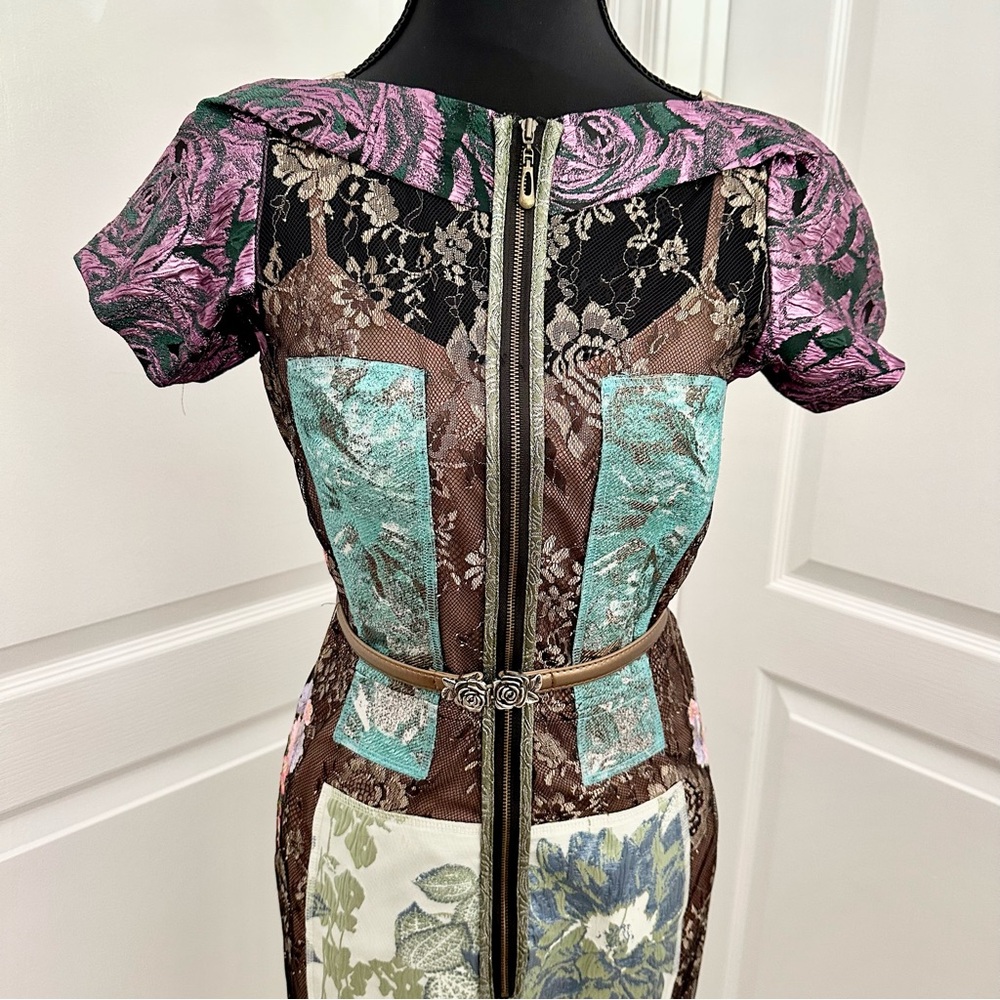 Byron Lars Floral Brocade Mixed Media Sheath Dress